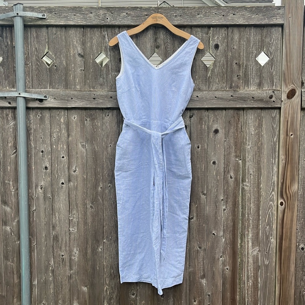 Talbots Blue/White Pinstripe Linen/Cotton Belted Jumpsuit with Pockets & Belt,4P